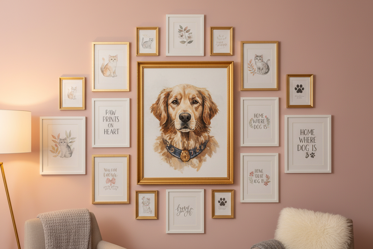 A beautiful pet-themed gallery wall featuring a custom pet portrait centerpiece