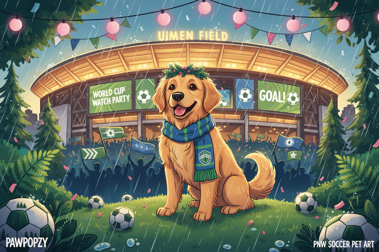 A Lumen Field dog portrait and Seattle World Cup watch party decor by PAWPOPZY. PNW soccer pet art.