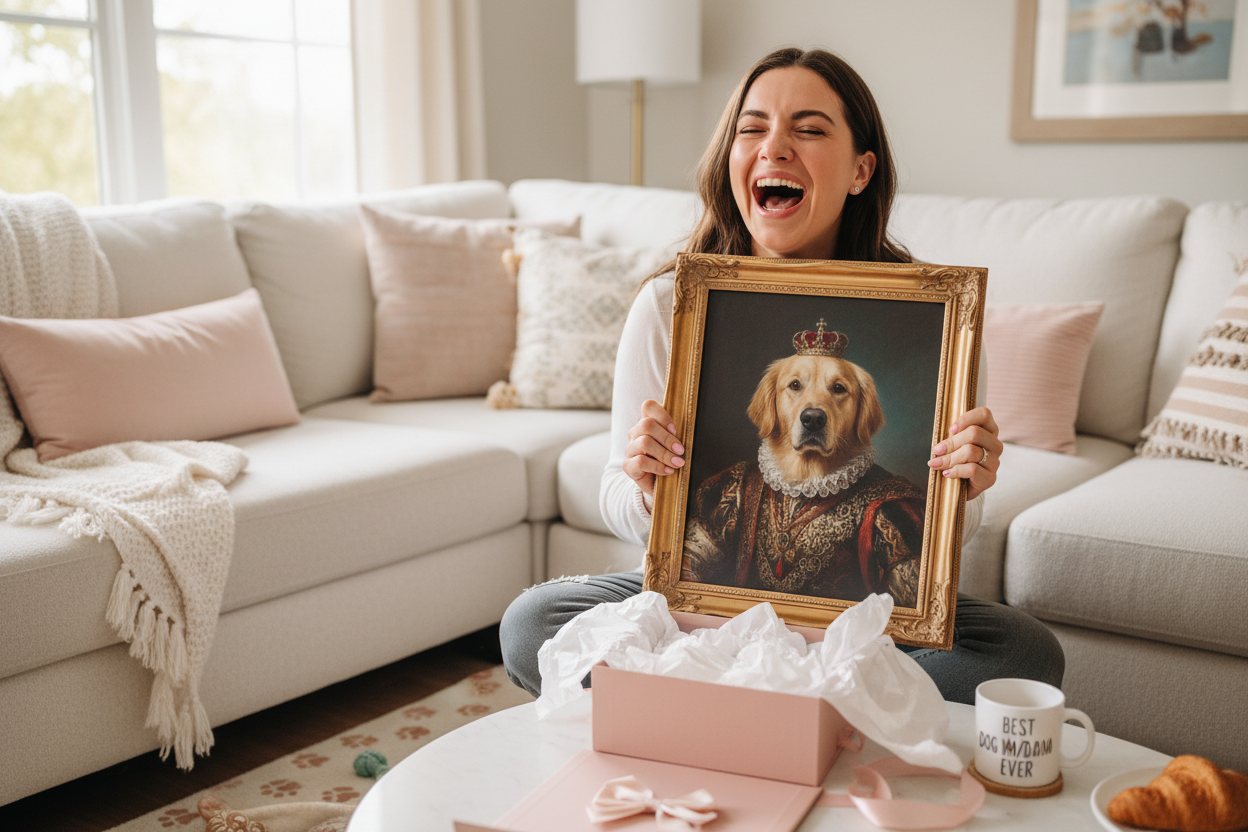 A pet owner laughing out loud while unboxing a funny custom pet portrait gag gift