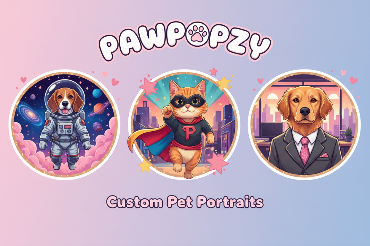 Funny custom pet portraits featuring astronaut, superhero, and business dog themes - Pawpopzy