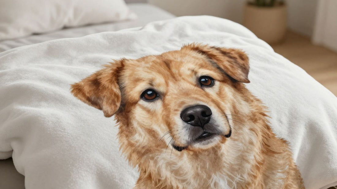 Cozy custom pet portrait blanket with a dog's face.