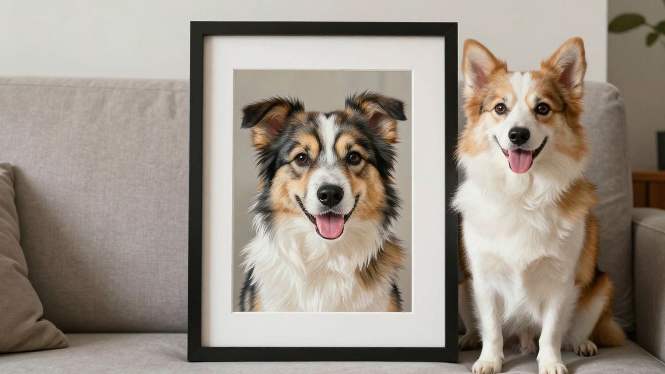 Owner and dog with custom pet portrait indoors
