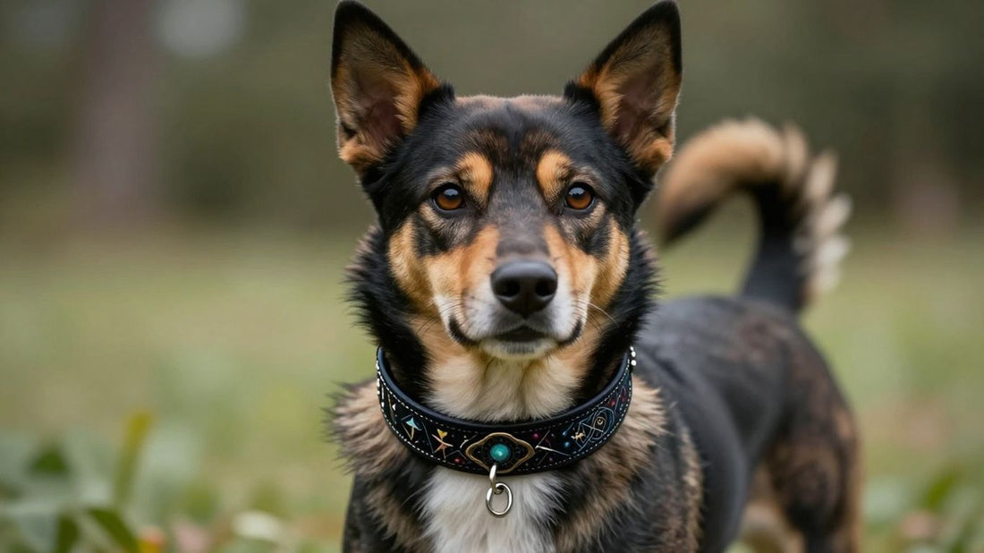 Dog wearing a custom warlock pet collar.
