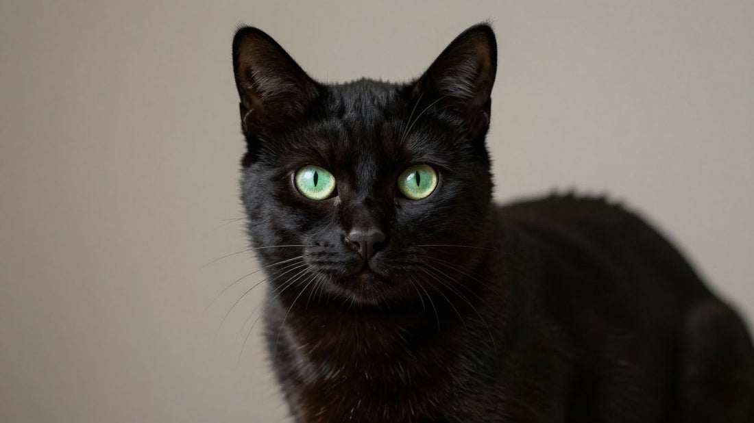 Elegant black cat portrait with piercing green eyes.