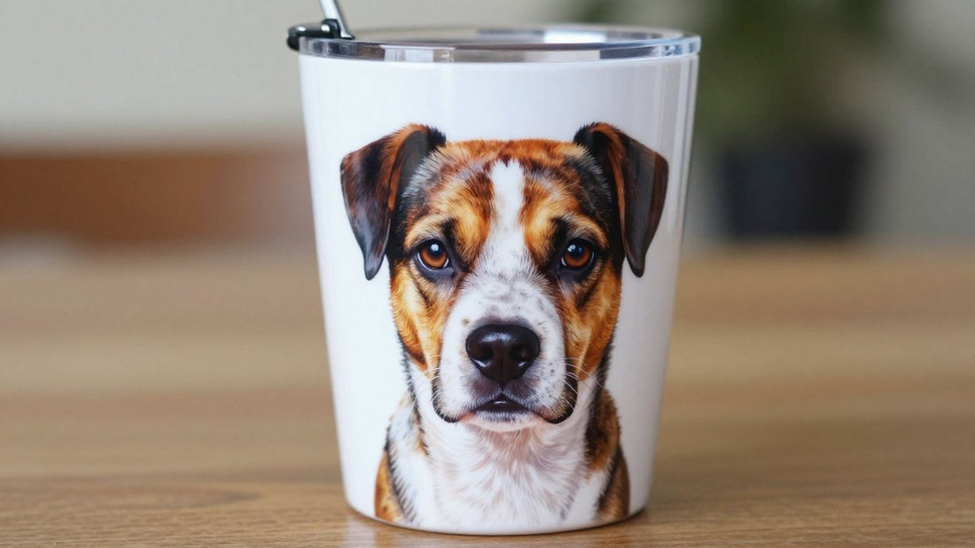 Custom pet portrait tumbler with dog illustration.
