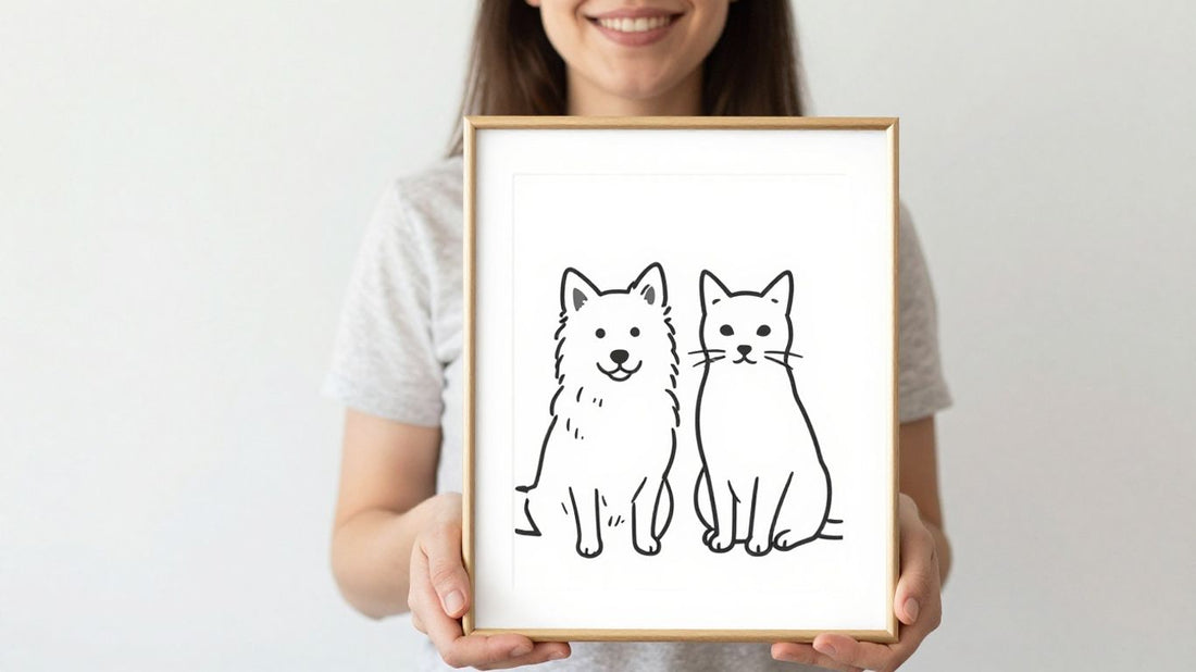Minimalist line art pet portrait in modern photo setting