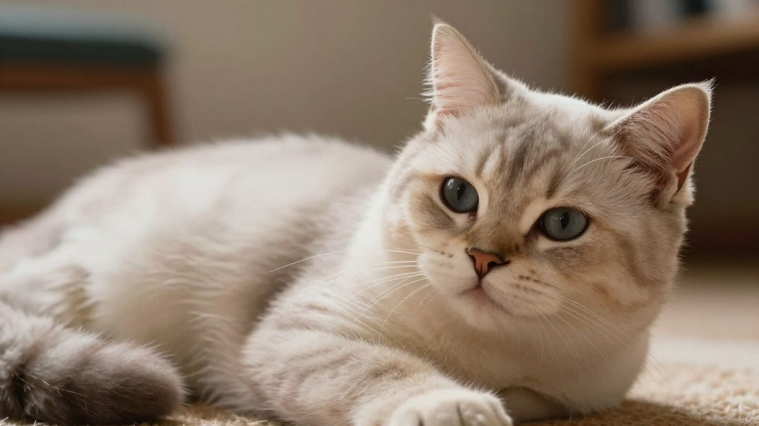 Cat lounging comfortably, soft lighting, cozy home.