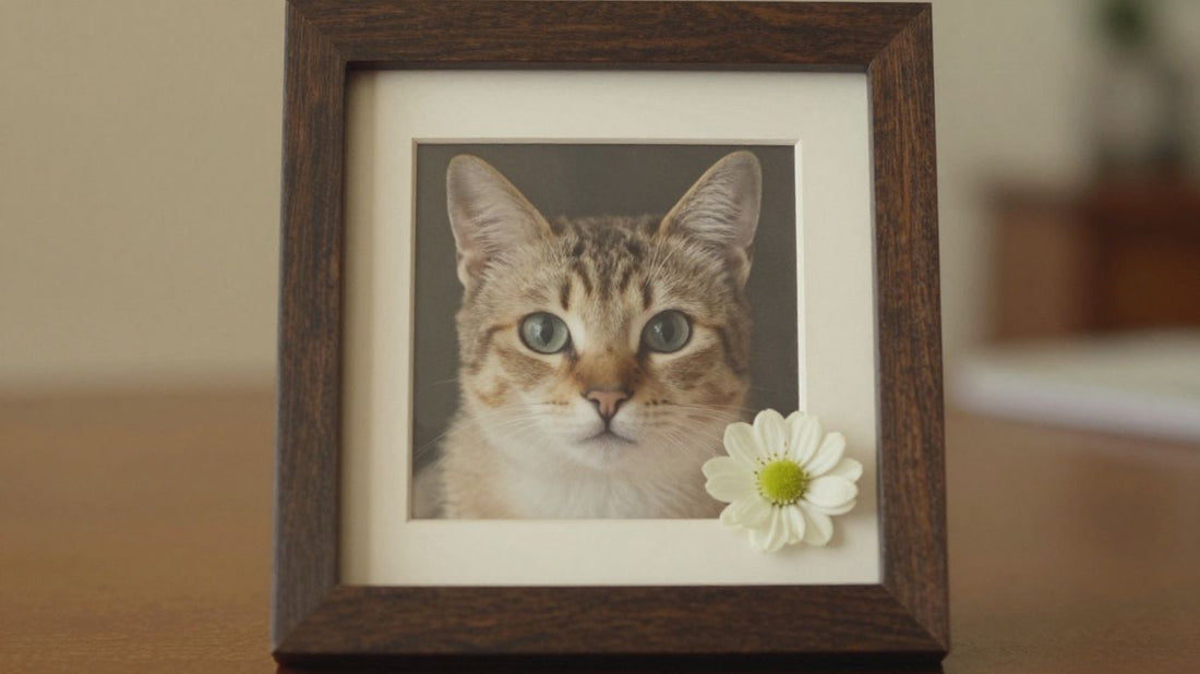Framed pet portrait with a flower, offering comfort.