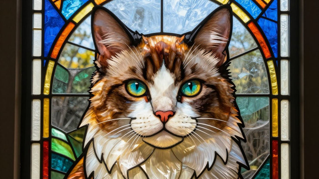Custom stained glass pet art glowing with vibrant colors.