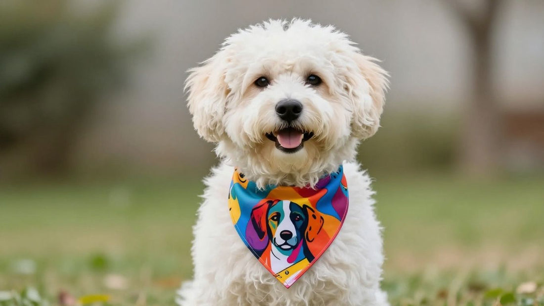 Dog wearing a custom pet portrait bandana.