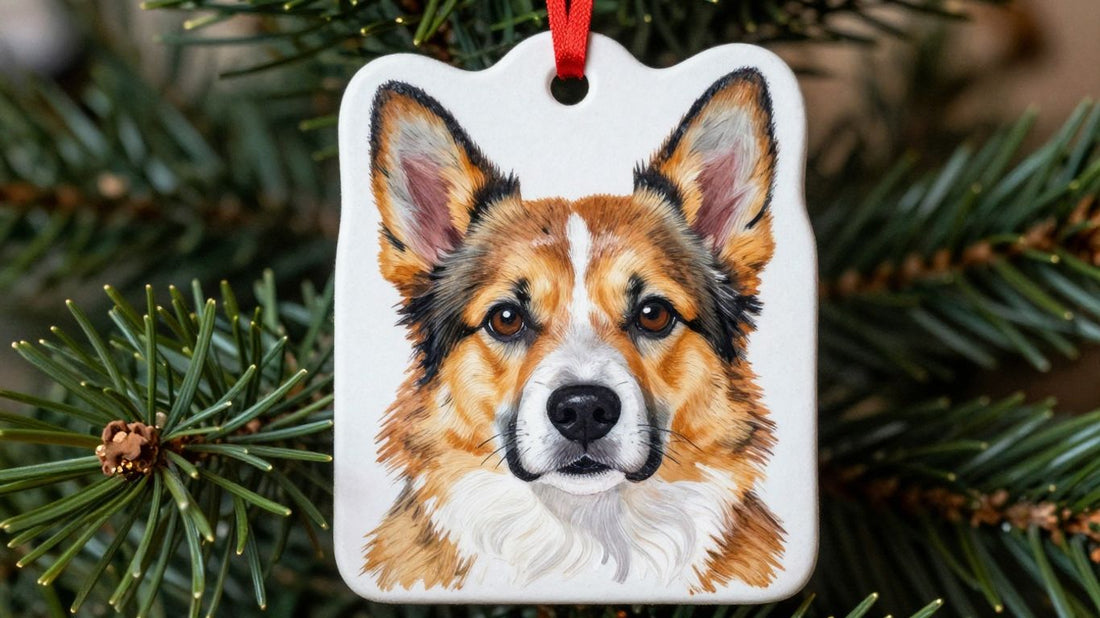 Custom pet portrait Christmas ornament on a pine branch.