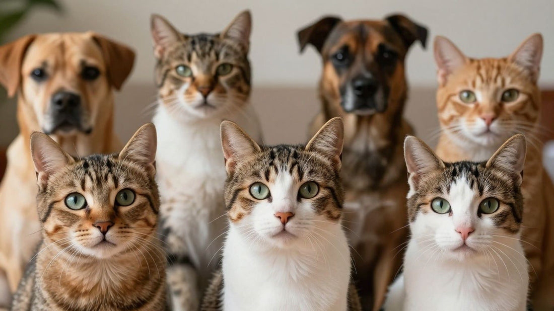 Multi-pet custom portrait of dogs and cats together.