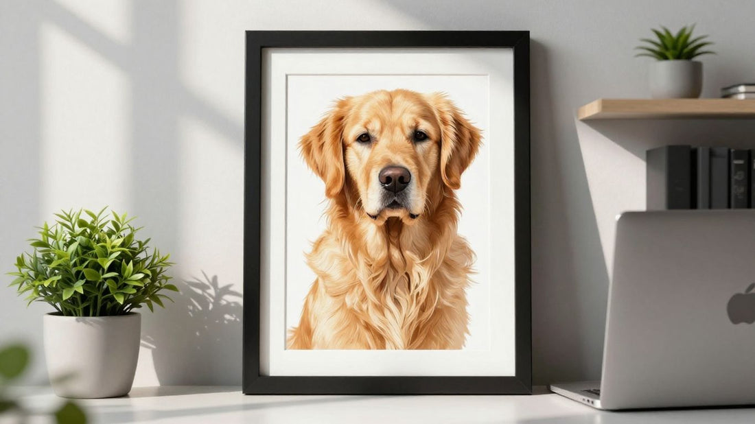 Custom pet portrait on an office desk.