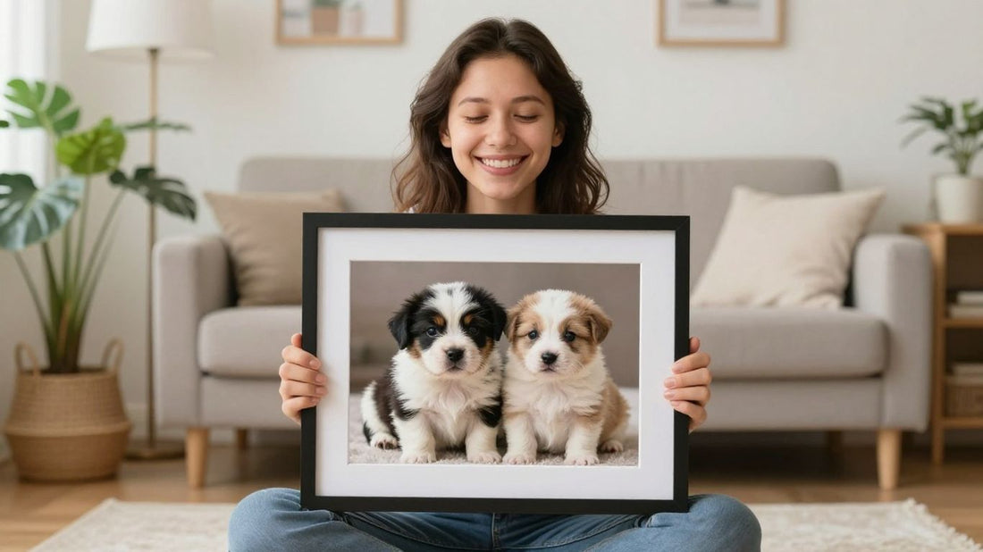 Person holding framed custom portrait of puppy and kitten