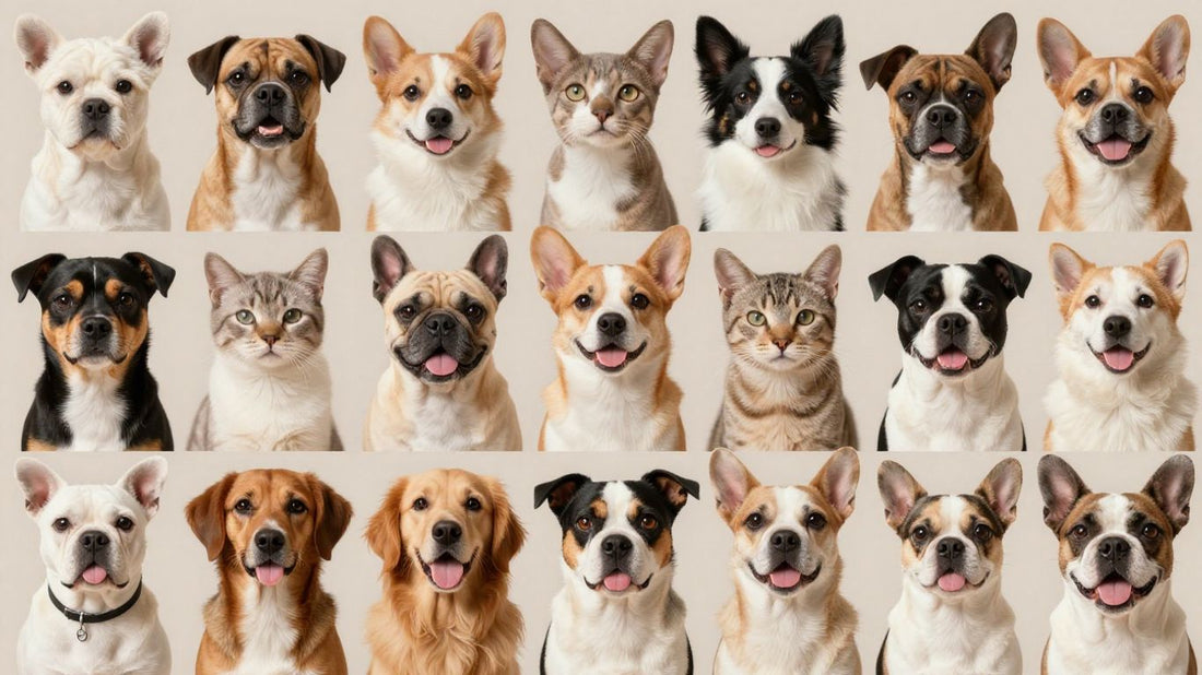 Group portrait of various dog and cat breeds together.