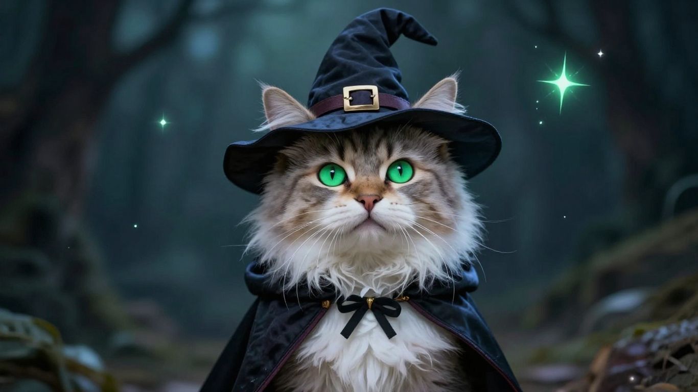 Cat in warlock costume with custom accessories.